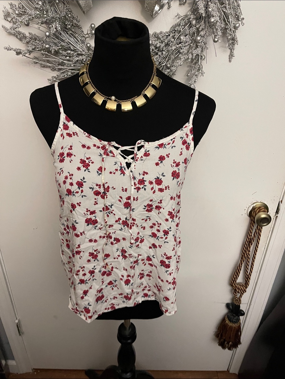 Hollister White Cami with Red Floral Lace-Up Front